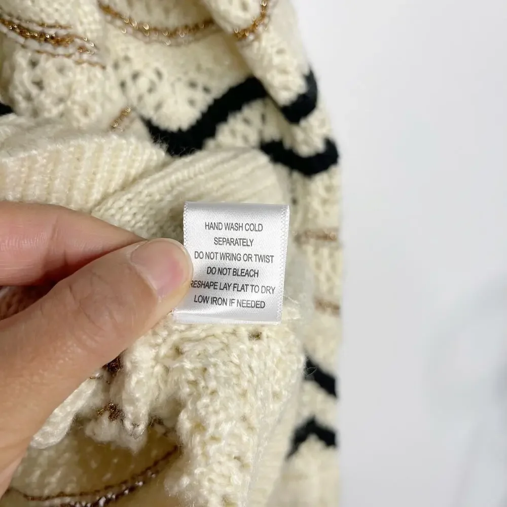 New Skies Are Blue Medium M Cream Black Gold Chevron Striped Open Knit Sweater